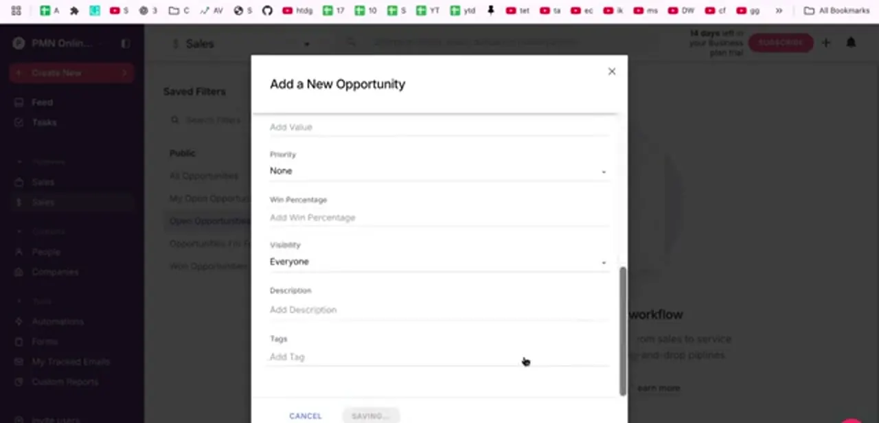 The Add a New Opportunity form, with value, priority, win percentage, visibility, description, and tag fields.