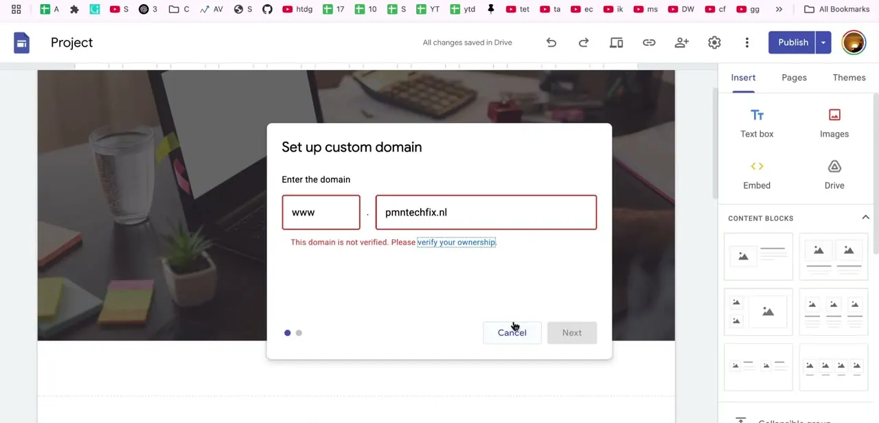 The Set up custom domain dialog in Google Sites, showing the domain entered and the "not verified" message that appears before ownership is confirmed.