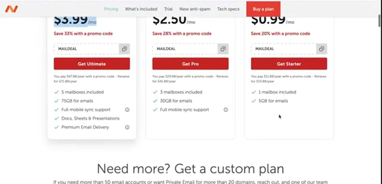 The Private Email plan table with the MAILDEAL promo code already filled in on each tier, and the first-year and renewal prices spelled out underneath.