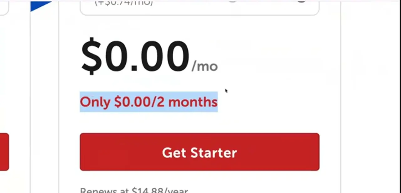 The Starter tier during the trial promotion: $0.00 per month for two months, with the renewal rate printed directly below the button.