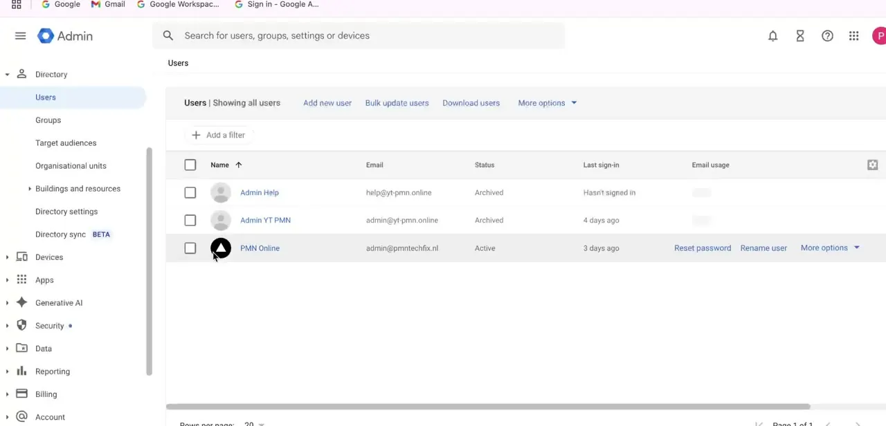The Admin console's Users list, with the More options menu at the top right where Allow users to edit profile lives.