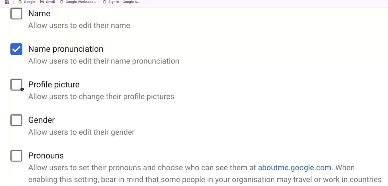 The profile-editing checkboxes: Name, Name pronunciation, Profile picture, Gender, and Pronouns, each toggled independently.