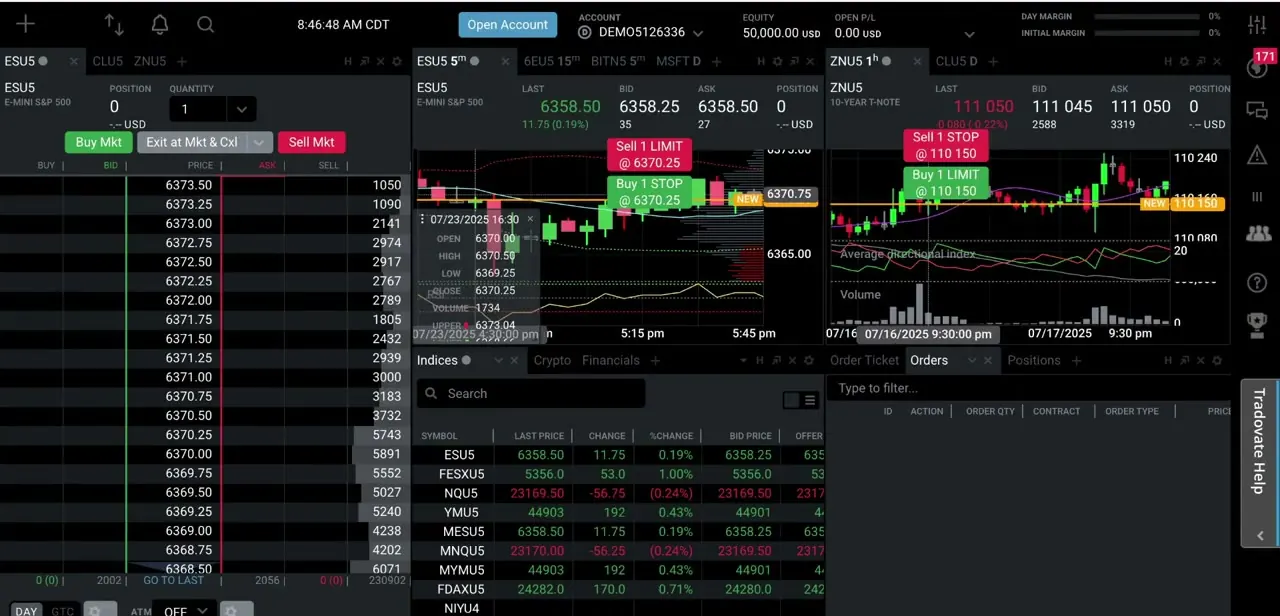 A live Tradovate Web App layout with an ESU5 candlestick chart, a second instrument panel, and the order book and orders list docked to the right.