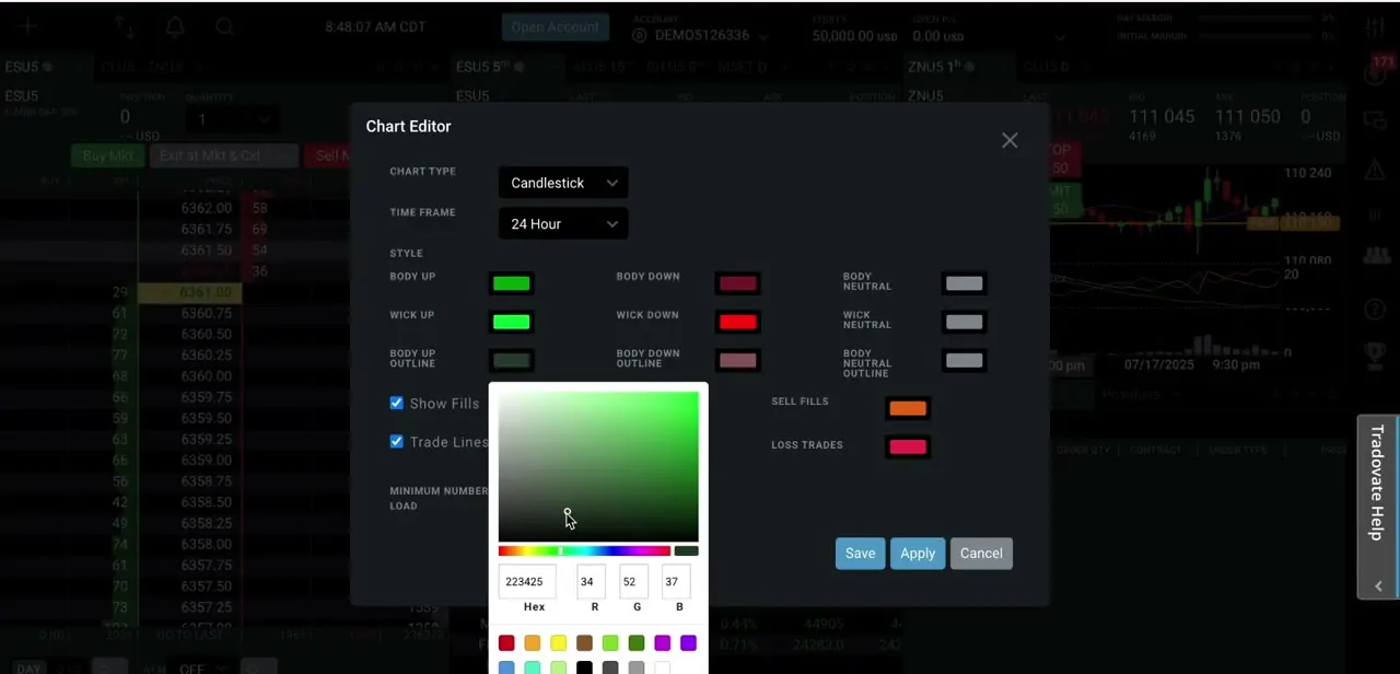 The Chart Editor's Style section, with separate color swatches for candle body, wick, and outline across up, down, and neutral states, plus a hex/RGB color picker.