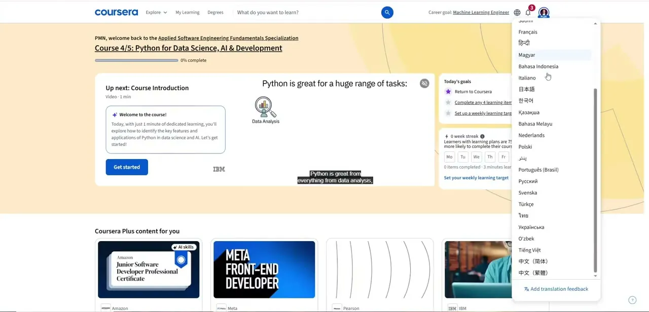 The globe icon's language menu on a course page, offering on-the-fly translation of page content separate from the account-wide language setting.