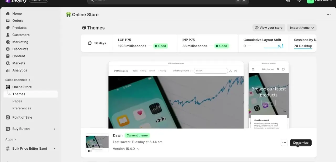 The Themes page under Online Store, showing the current theme (Dawn), its LCP/INP/CLS scores, and the Customize button that opens the theme editor.