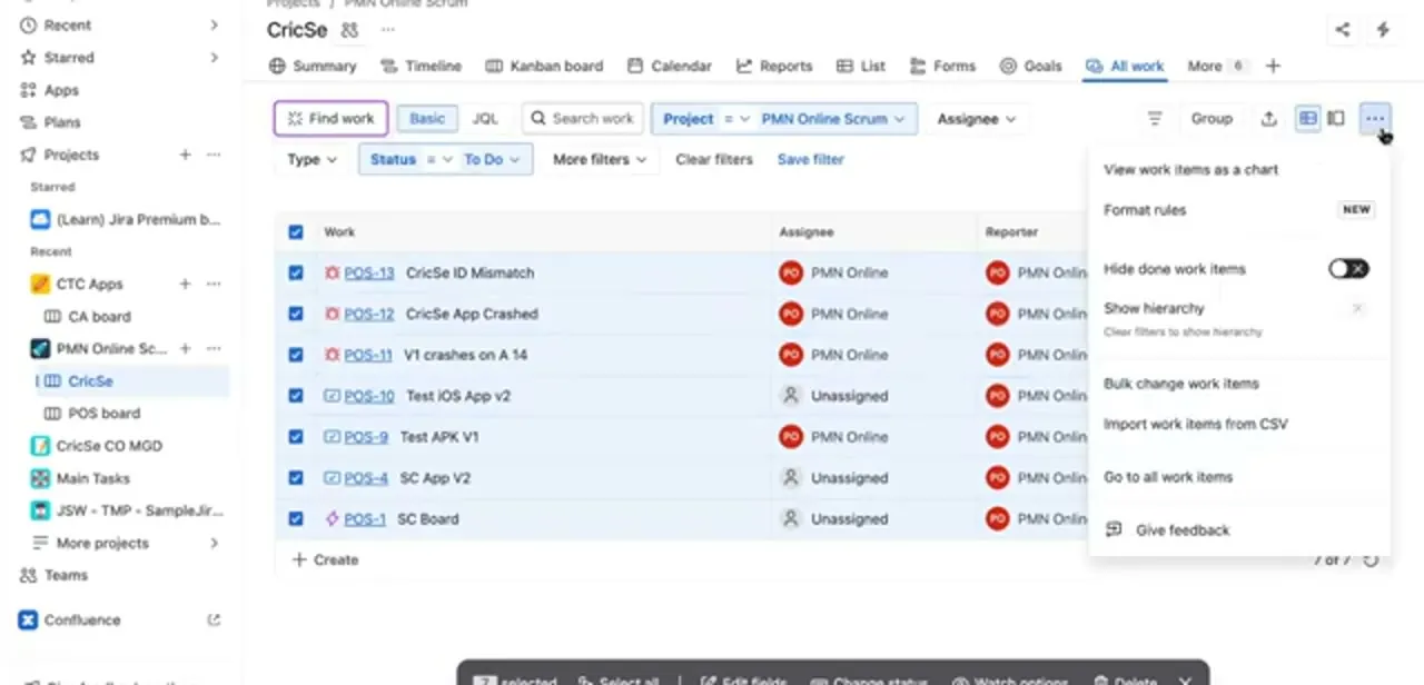 A project's work item list with seven issues checked and the "..." menu open, showing Bulk change work items among the list options.