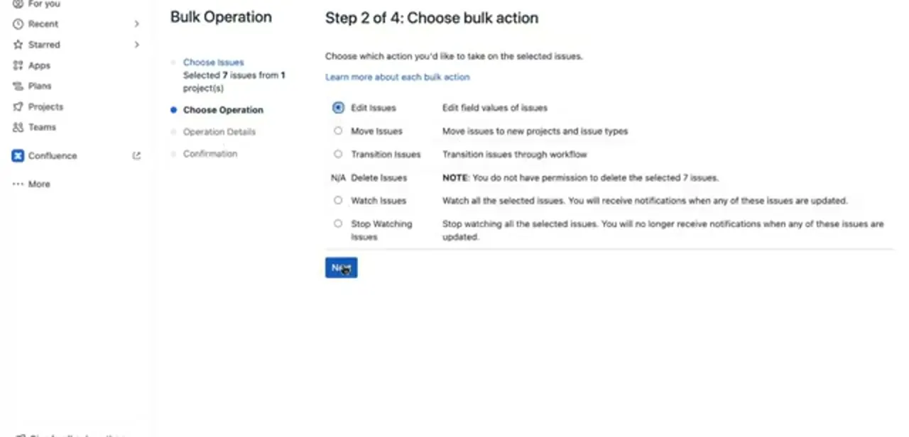 Step 2 of the Bulk Operation wizard, choosing between Edit Issues, Move Issues, Transition Issues, and other bulk actions.