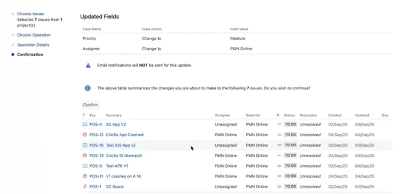 The Confirmation screen, showing Priority and Assignee changes queued for seven issues, with the full list of affected tickets below.
