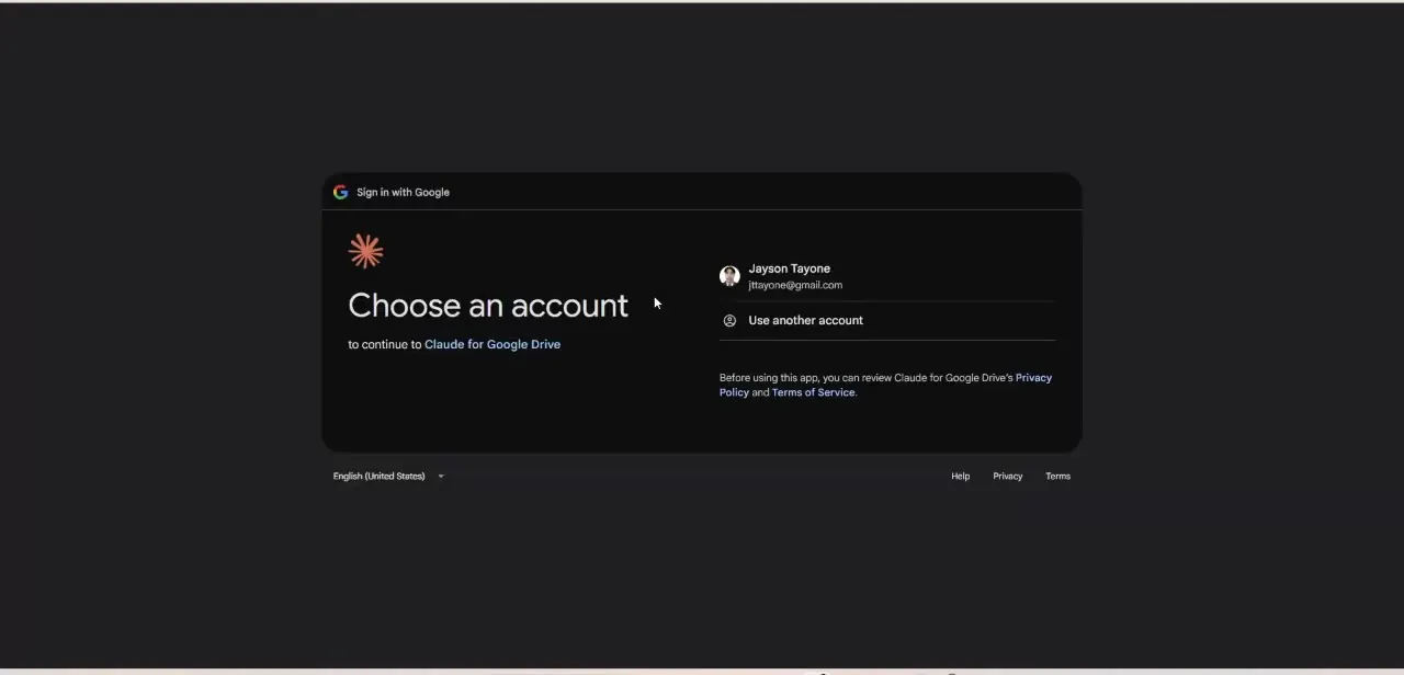 Google's account picker for the Claude for Google Drive connector, the point where you choose which account's files Claude will be able to search.