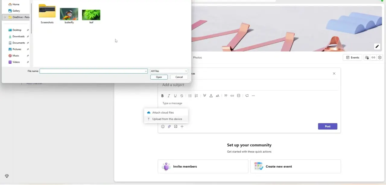 The Upload from this device flow, opening a standard file browser to select a document, image, or folder from the local machine.