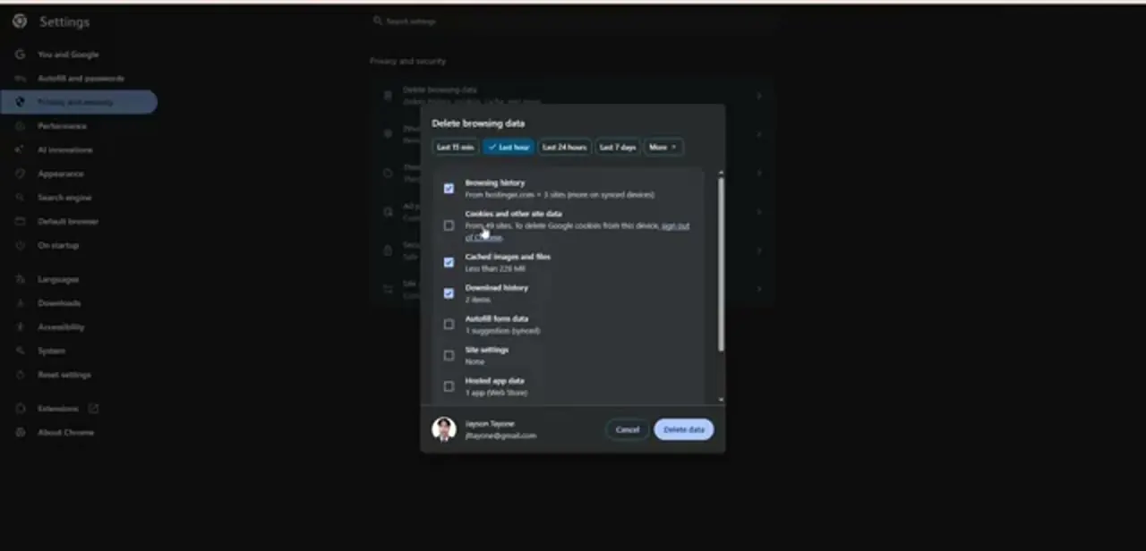 The delete dialog with a time range chosen and the cookies and cached files boxes ready to tick — cookies is the one commonly left unchecked.