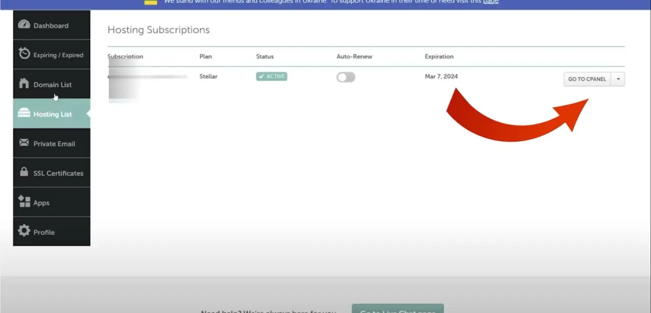 The Hosting Subscriptions table, with an active Stellar plan and its Go to cPanel button on the right — the single click that opens cPanel.