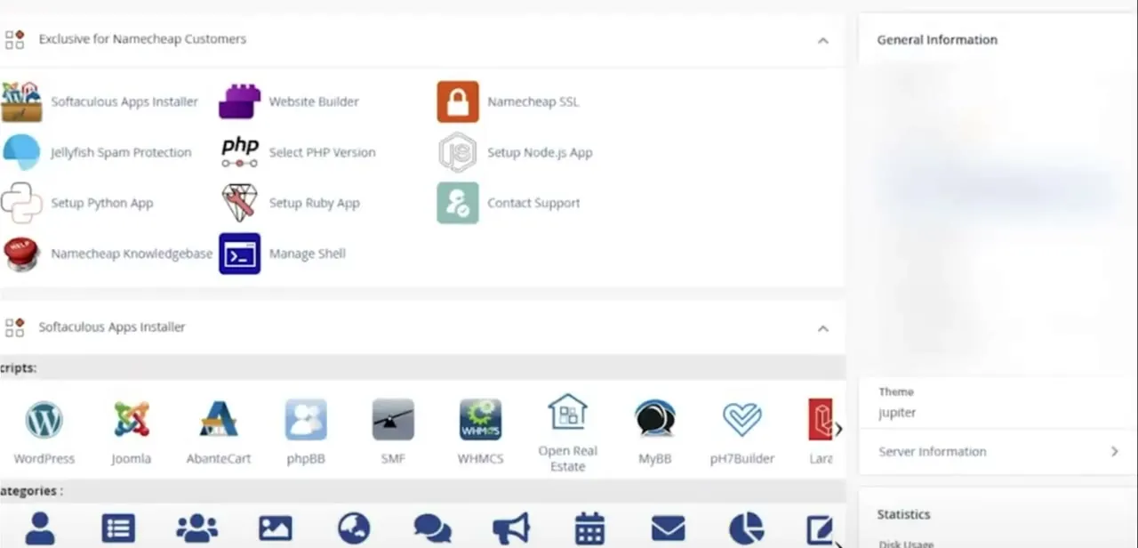 The cPanel dashboard after logging in, showing the Namecheap-exclusive tools section and the Softaculous Apps Installer with one-click scripts like WordPress and Joomla below it.