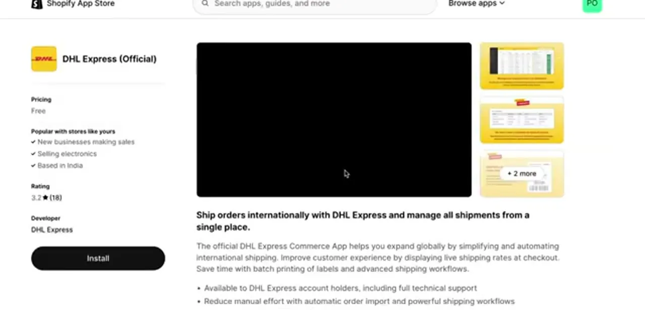 The DHL Express (Official) listing in the Shopify App Store, free to install and published by DHL Express.