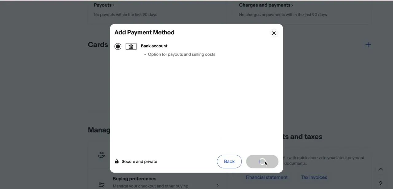 The Add Payment Method dialog, with Bank account selected as the option used for payouts and selling costs.