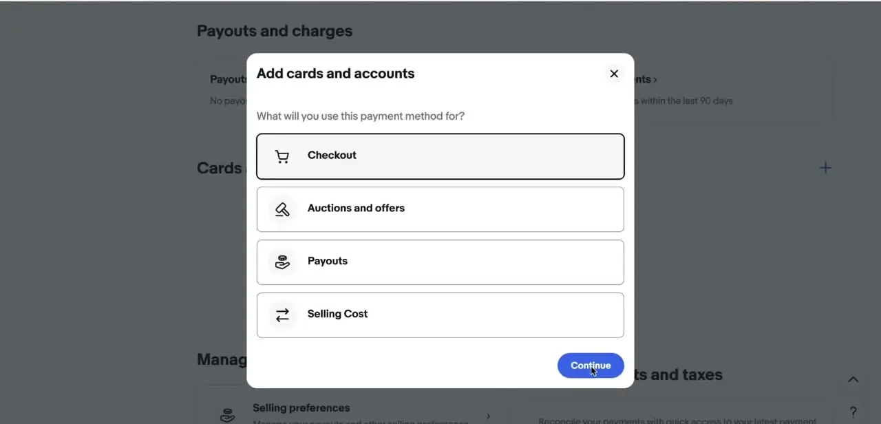 eBay asking what a new payment method is for — Checkout, Auctions and offers, Payouts, or Selling Cost.