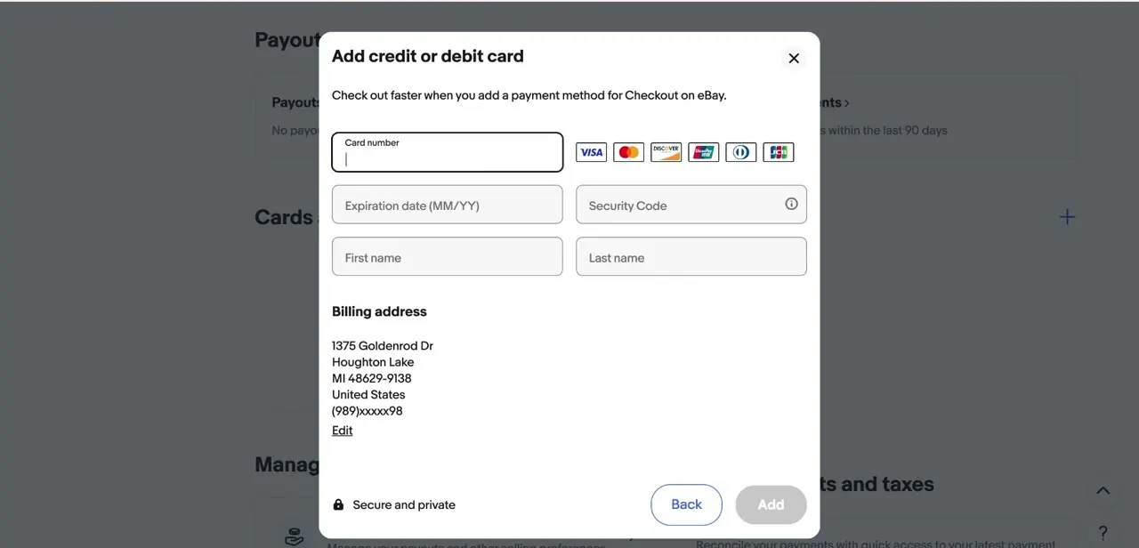 The Add credit or debit card form — card number, expiration, security code, and a pre-filled billing address to confirm.