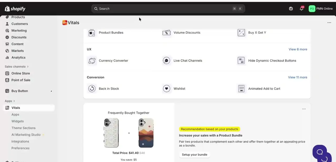 More tool categories further down the dashboard, including a live Frequently Bought Together bundle example.