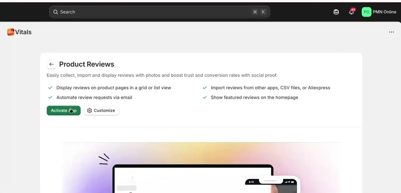 The Product Reviews tool page, with its feature checklist and the Activate App button before it's turned on.