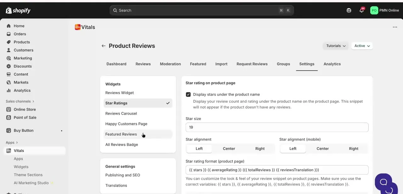 The Star Ratings settings panel for Product Reviews, with alignment, size, and format controls for the product page.