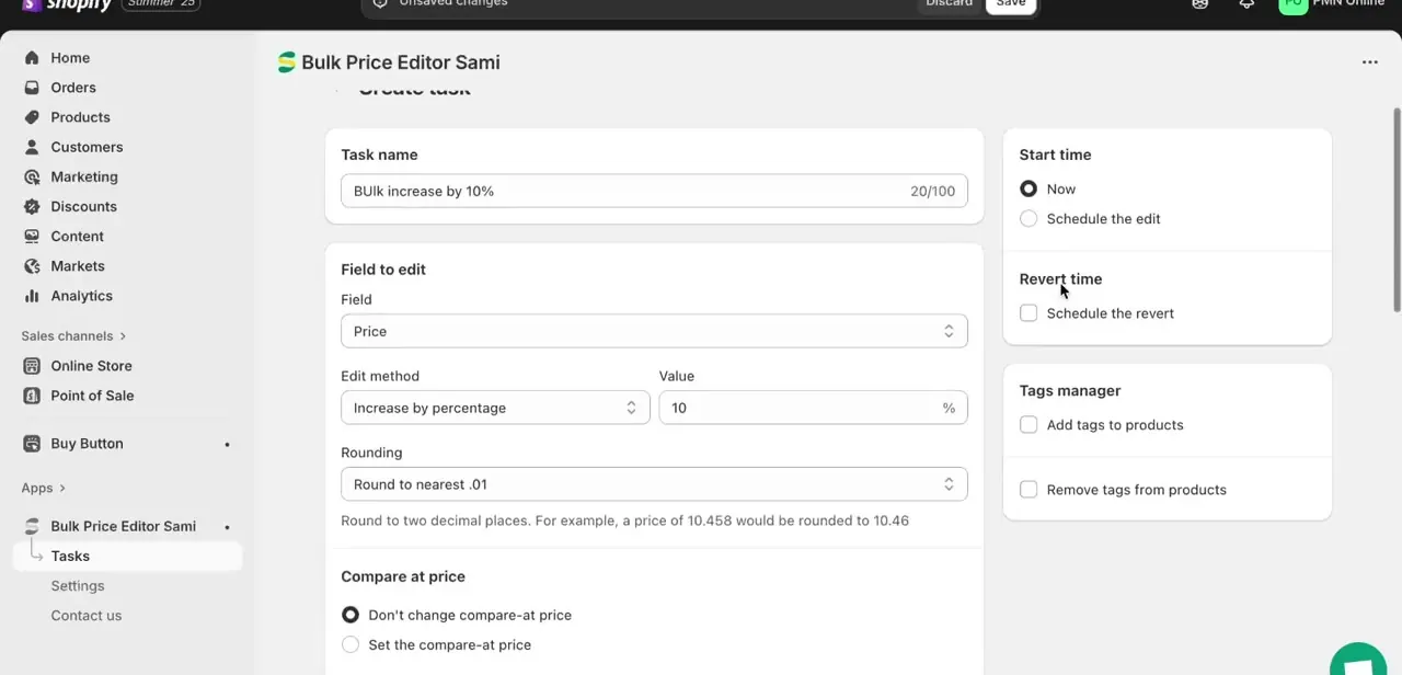 The Create task screen: a 10% price increase set up with rounding to the nearest .01 and the compare-at price left untouched.