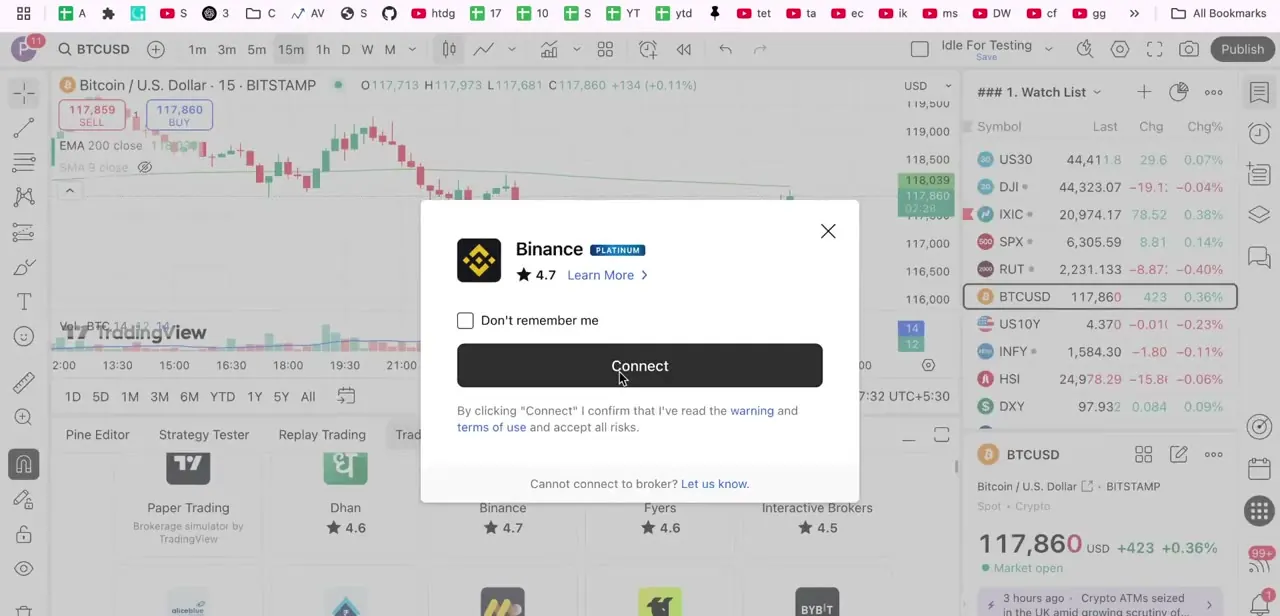 The Binance connection dialog, with a Connect button and a note that clicking it confirms you've read the warning and terms of use.