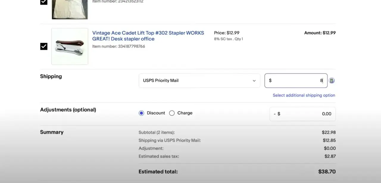 The invoice screen with two selected items, a USPS Priority Mail shipping field, and an Adjustments section for applying a discount or extra charge.