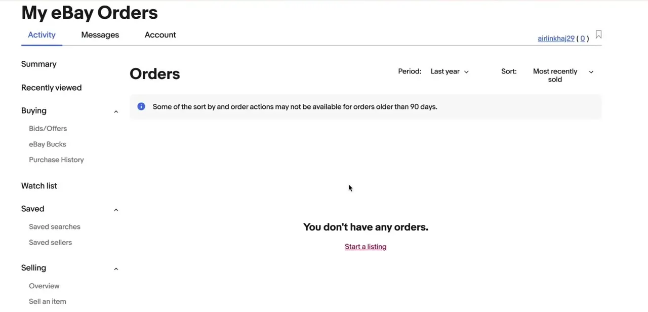 The My eBay Orders page, with Buying and Selling sections in the sidebar — this is where you locate the sale before sending an invoice.