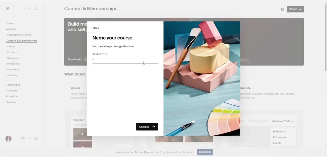 Naming a new course from the Content & Memberships section, with the chapter and lesson structure visible in the background.