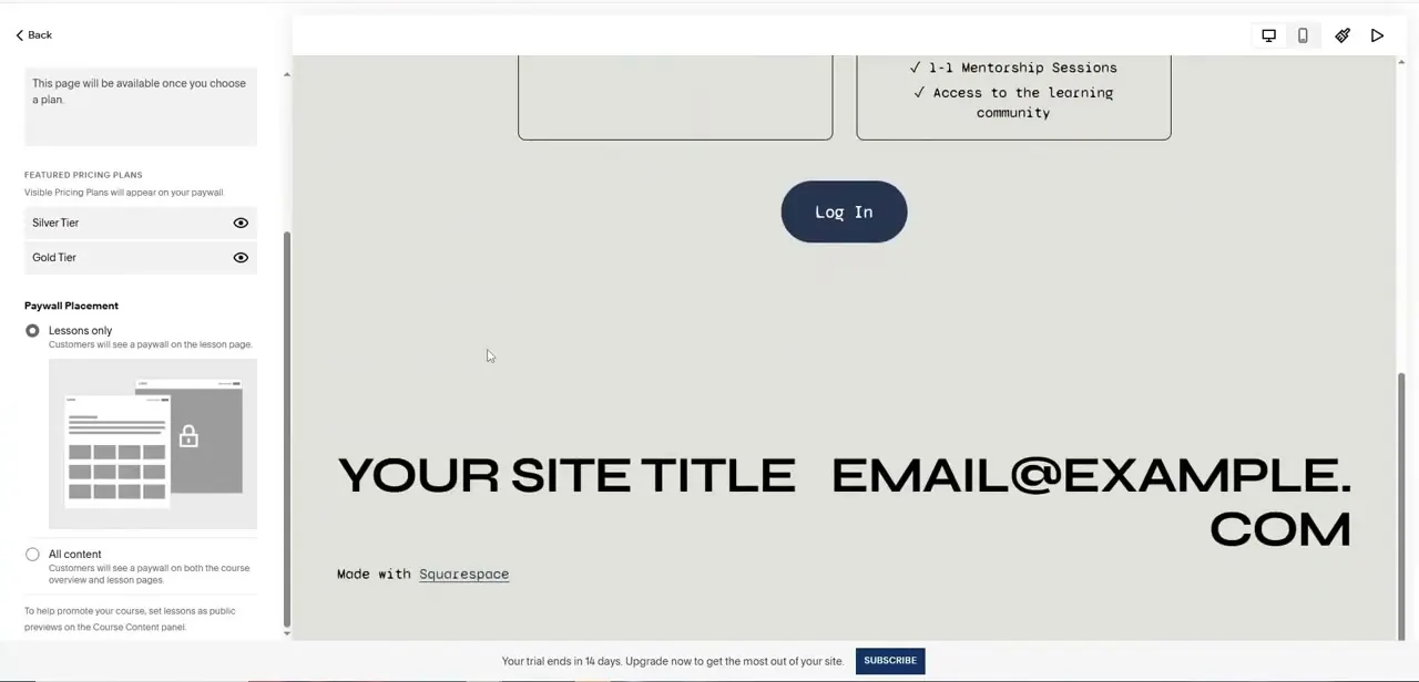 Paywall settings for a course, choosing between locking only individual lessons or the full course including the overview page.