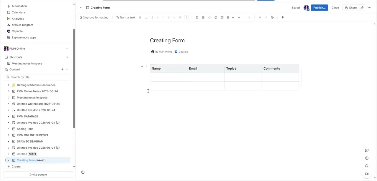 The table with its header row labeled Name, Email, Topics, and Comments — the field structure that stands in for a form in plain Confluence.
