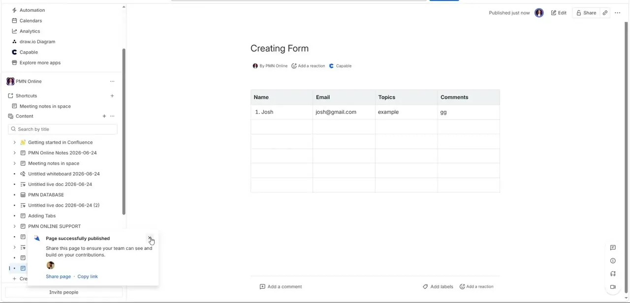 The published page with one filled-in row, plus the publish confirmation offering Share page and Copy link options.