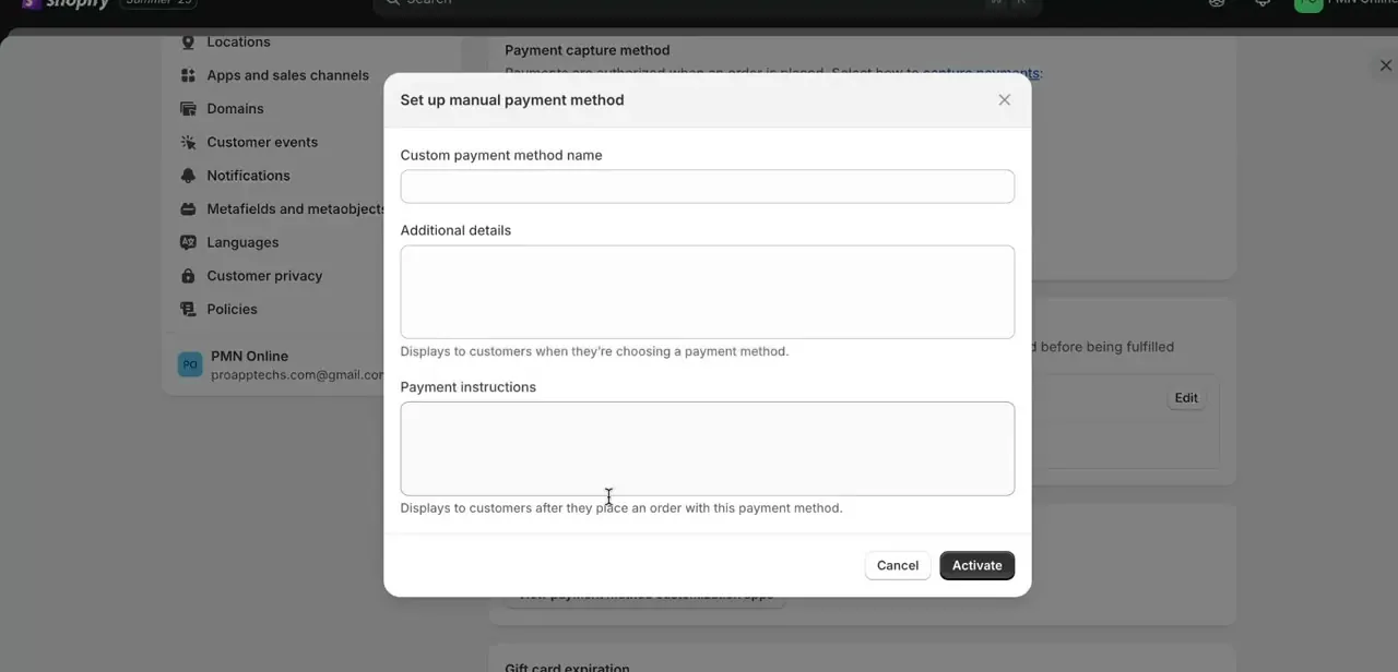 The Set up manual payment method modal, with fields for the method's name, the details shown at checkout, and the instructions shown after an order is placed.