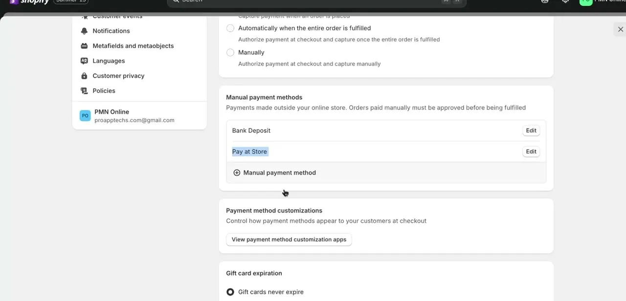 Two manual payment methods live on the account — Bank Deposit and Pay at Store — each editable independently from the same list.
