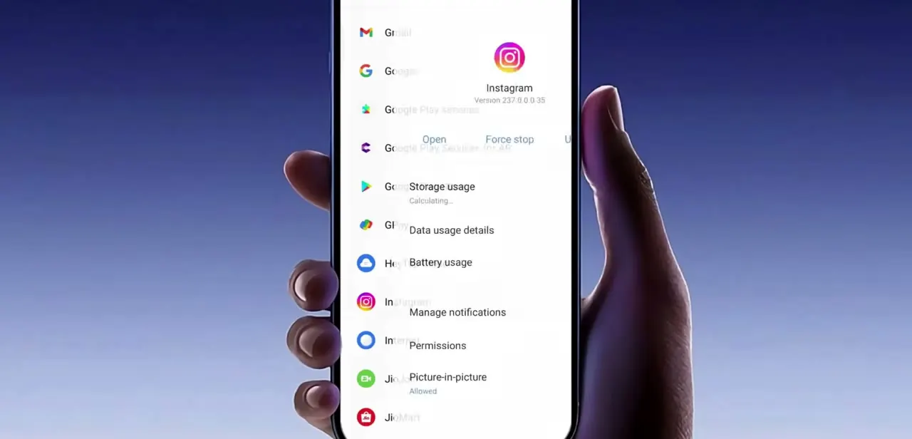 Instagram's app info page on Android, with Force stop at the top and Storage usage below it.