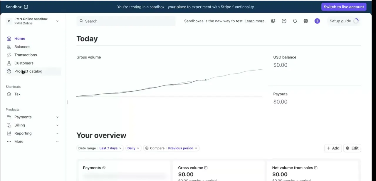 The Stripe dashboard Home screen in sandbox mode, showing the testing banner and the Switch to live account button.