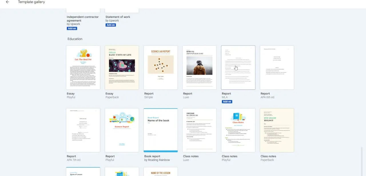 The Education section of Google's Template gallery, with a Report template labeled MLA sitting alongside APA and general report layouts.