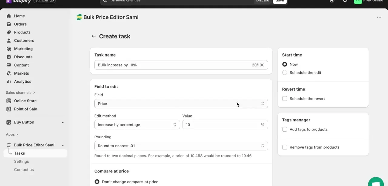 Bulk Price Editor Sami's Create task screen, a named task, Field set to Price, Increase by percentage, a value of 10%, and rounding set to the nearest cent.