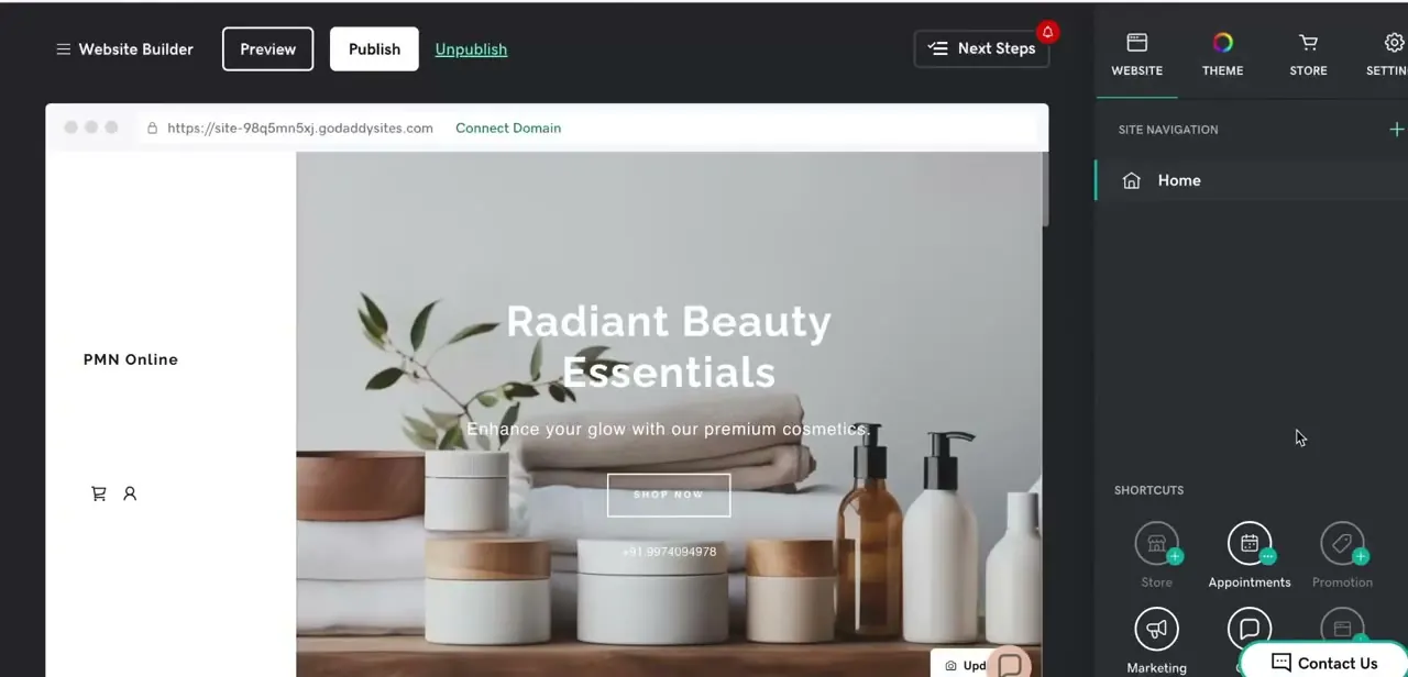 The Website Builder editor with a live homepage preview on the left and the site navigation and shortcuts panel on the right.