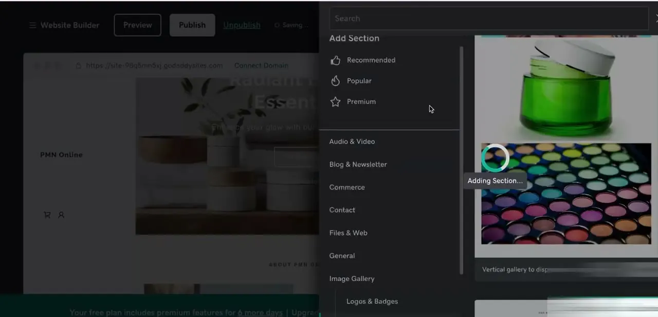 The Add Section panel open to Image Gallery options, with a new gallery section populating with photos as it's added to the page.