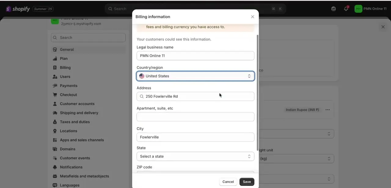 The Billing information form, requiring a legal business name and a country/region and address Shopify Payments will verify.