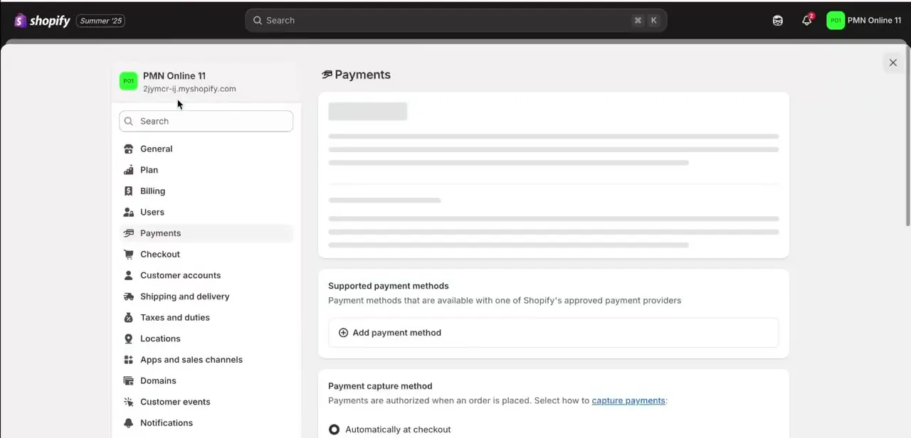 The Payments settings page with Add payment method, the same screen you'll use once your provider requirement is satisfied.