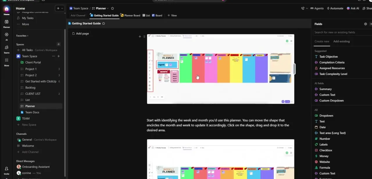 The template's Getting Started Guide, showing the color-coded weekly whiteboard grid and instructions for setting the current week and month.