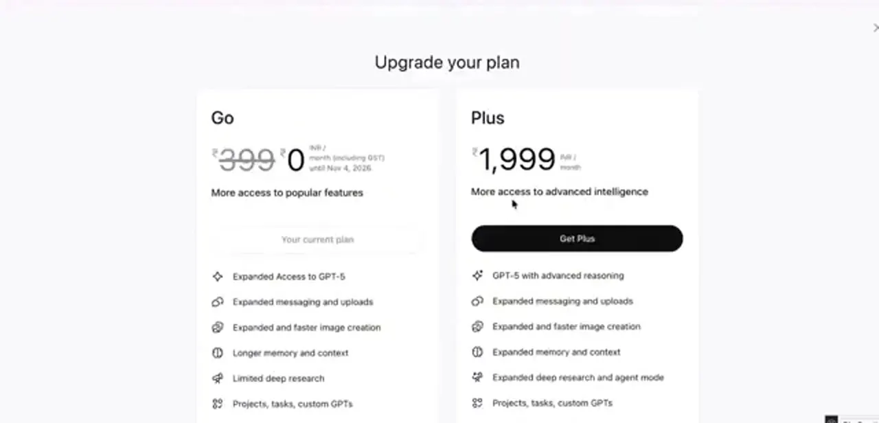The plan comparison showing Go marked as the current plan alongside Plus, with the model access each tier includes.
