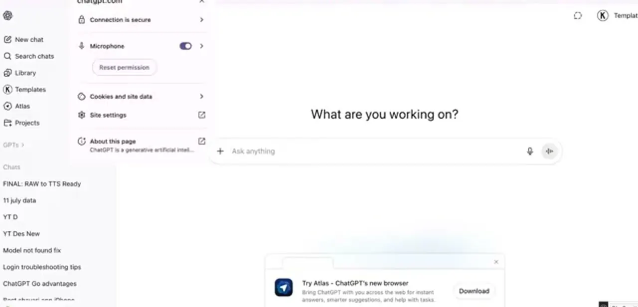The browser's site panel for chatgpt.com, with "Cookies and site data" sitting just below the connection and permission entries.