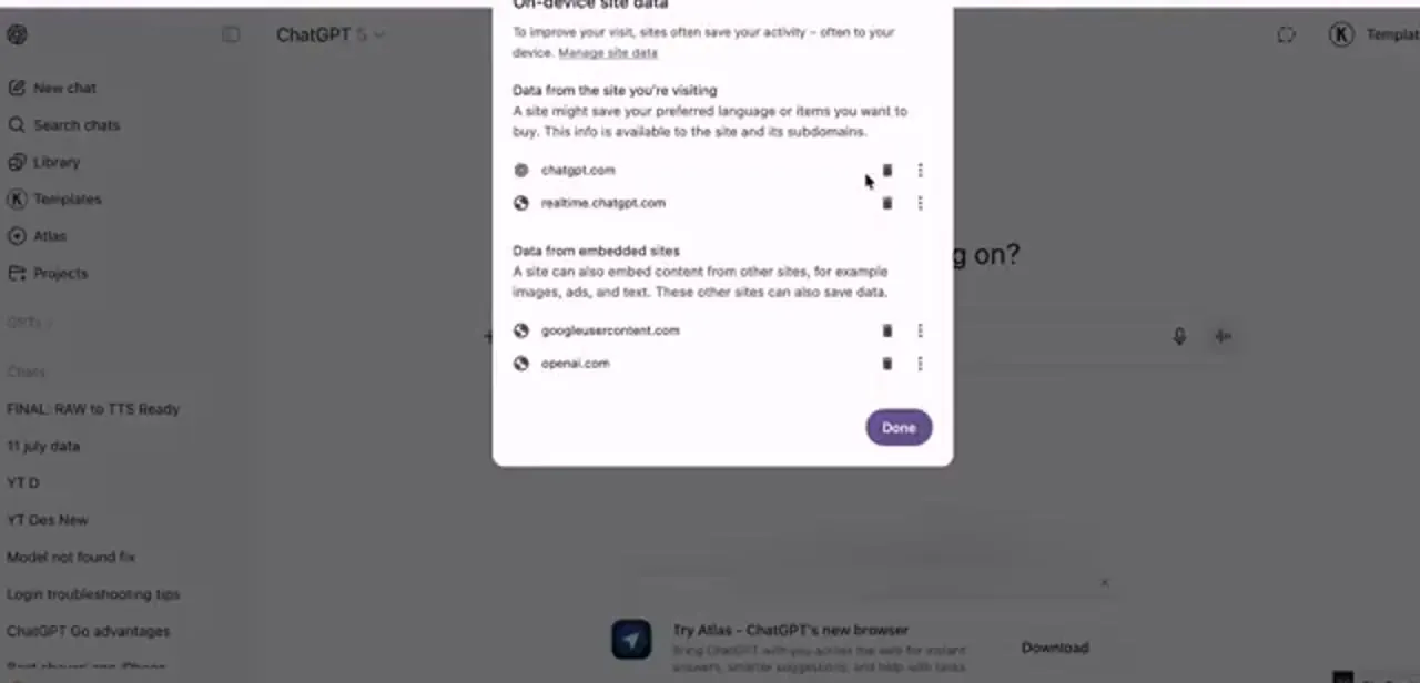 The on-device site data dialog listing chatgpt.com and realtime.chatgpt.com, each with a bin icon to remove its stored data.