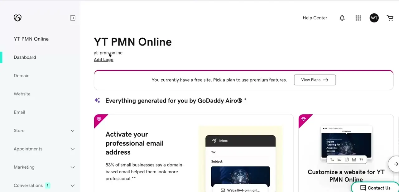 A site's dashboard, with the Add Logo link sitting directly beneath the site name and domain.
