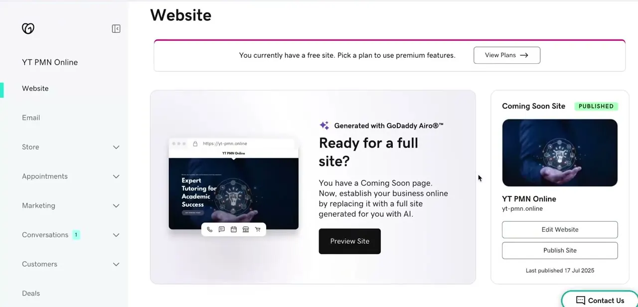 The Website dashboard section, with Edit Website and Publish Site buttons and a status showing the site's last publish date.