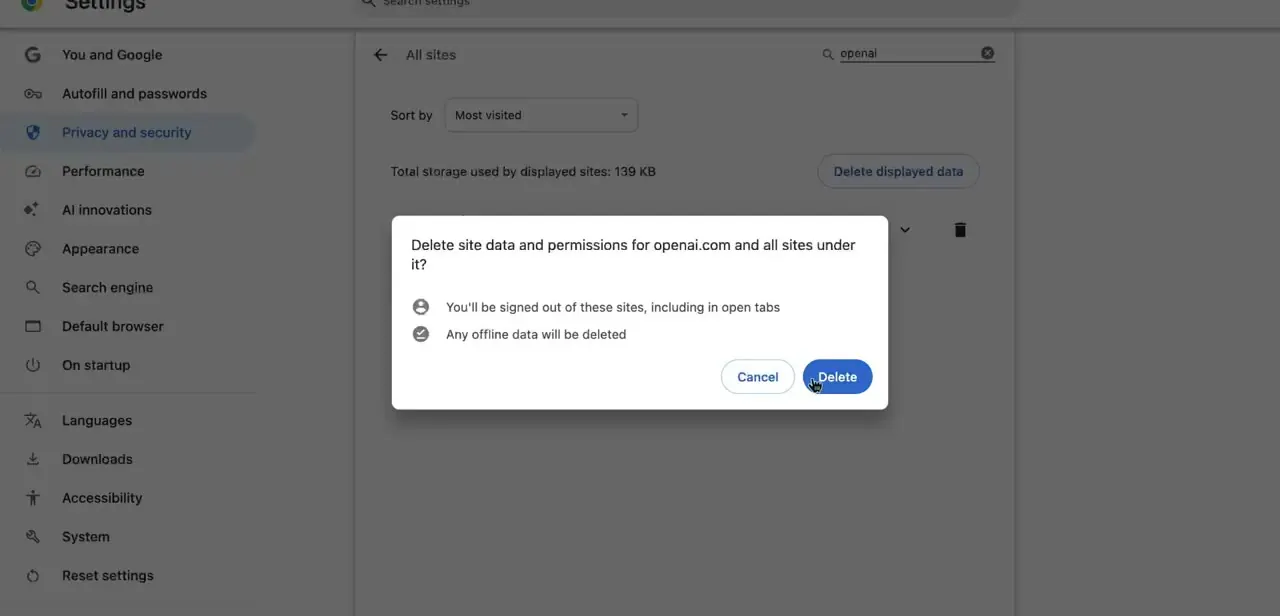 Chrome's confirmation dialog for deleting site data and permissions for openai.com — this clears the stale cookies that can trigger the access-denied block.